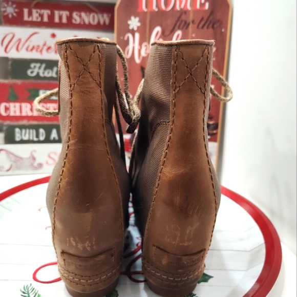 💕EUC Sorel Brand Premium Moto PDX Leather Lace Up Wedge Ankle Boots, Came, 10 - Picture 10 of 16